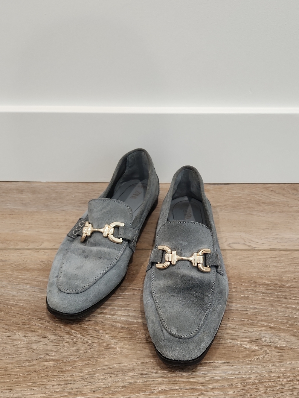 Zara Gray / Blue Suede Slip-On Loafers with Gold Bit Size 39